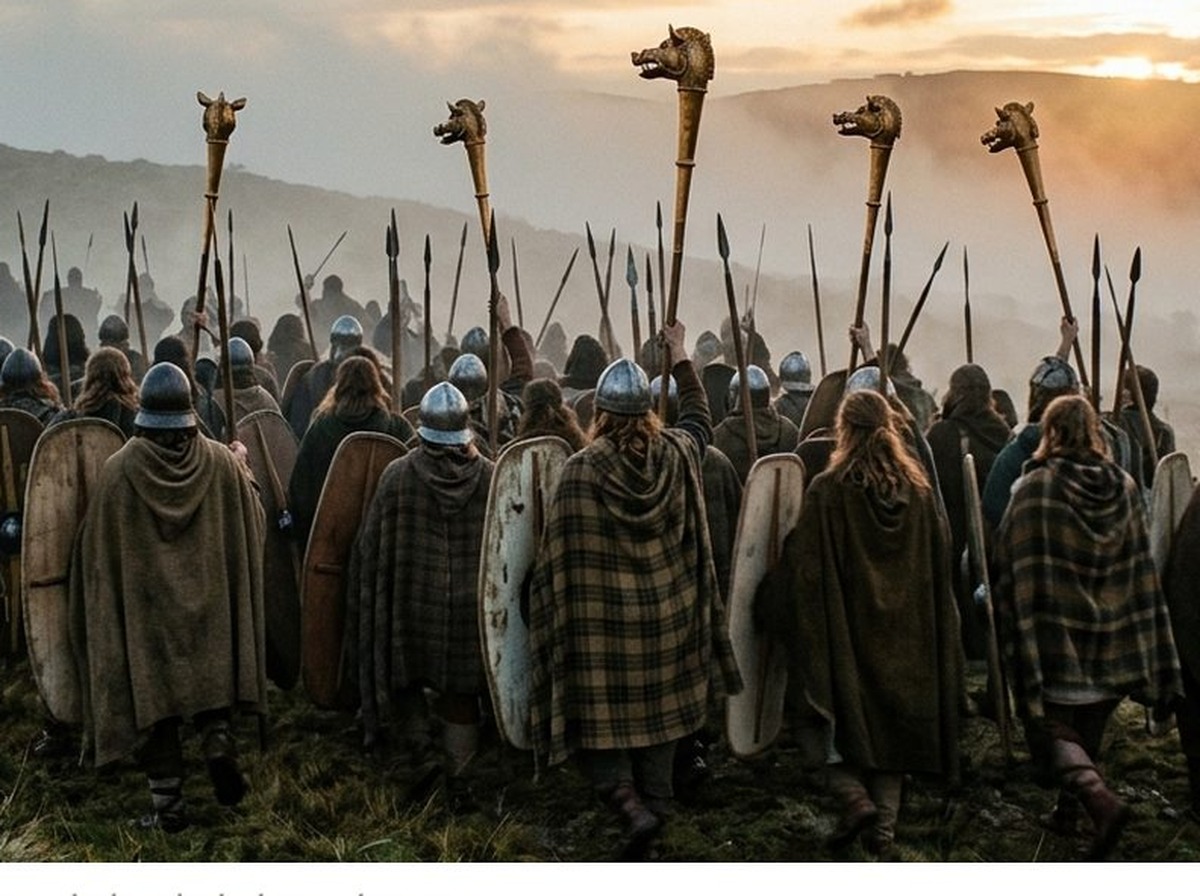 Guerreros celtas con carnyx en alto al amanecer