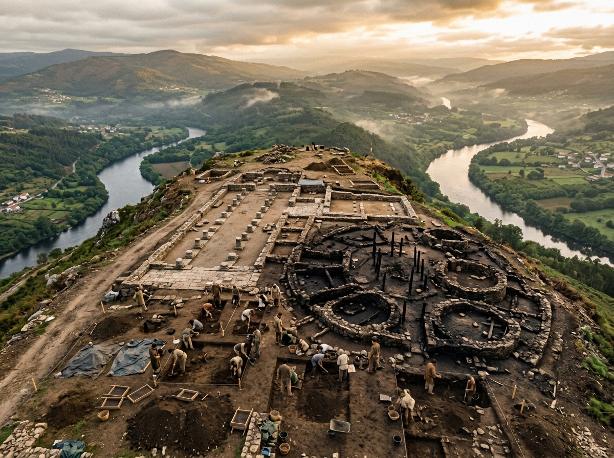 Excavación arqueológica del yacimiento astur de Lancia junto a un río