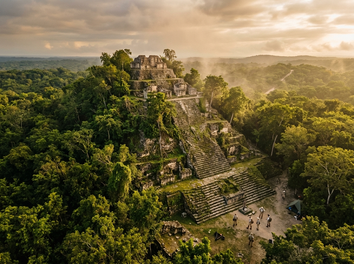 Pirámide maya cubierta de selva en Calakmul, Campeche
