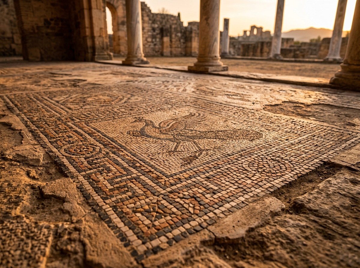 Mosaico romano con figura de ave en una domus de Itálica